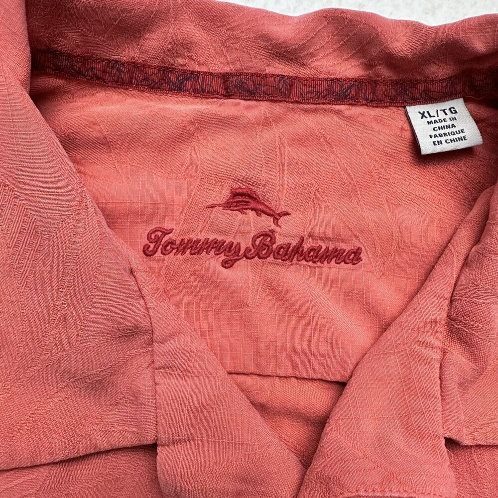 Tommy Bahama Mens XL Silk Shirt Orange Floral Jacquard Short Sleeve Button Up